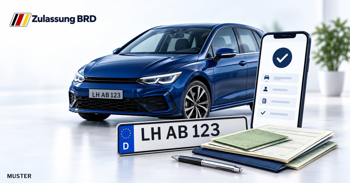 Online Fahrzeugzulassung in Schwerte: Musterkennzeichen LH AB 123, Auto und Fahrzeugpapiere und Smartphone. Illustration mit Logo von Zulassung BRD.